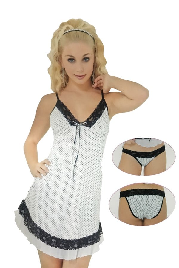 Pinar White Polka Dot Nightgown and Panties Set