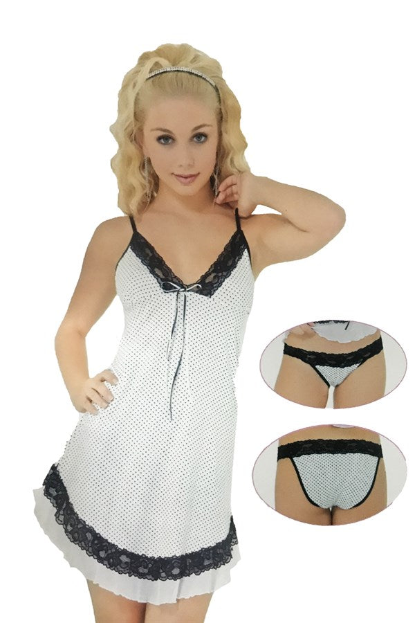 Pinar White Polka Dot Nightgown and Panties Set