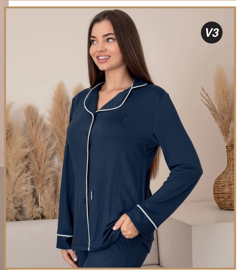 Pyjama femme Limissi à boutons sur le devant, bleu marine 26611