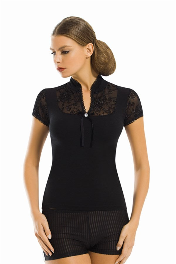 Clear Lace Half Sleeve Women's Blouse Elastane
