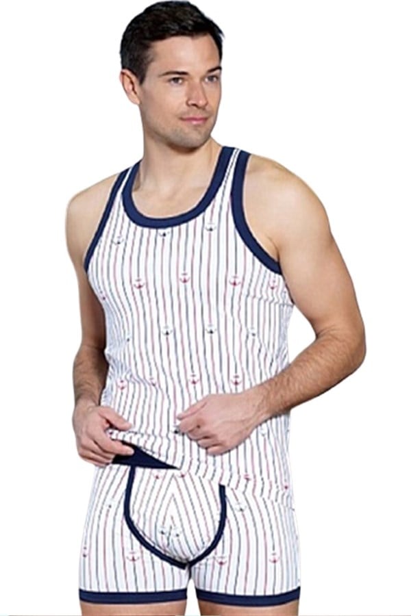 Clear Men's Anchor and Stripe Print Rambo Tank Top 1041