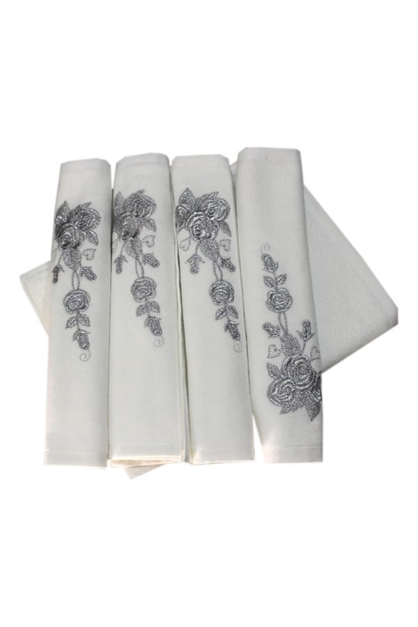 Bulteks Glittery Embroidered White Velvet Hand Towel 30x50 Pattern 5