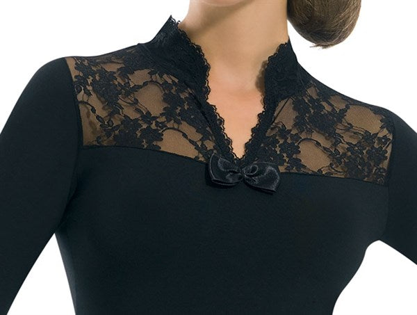 Wide Lace Placket Long Sleeve Elastane Blouse 2176
