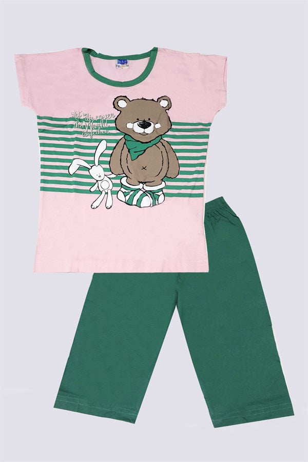 Girls Teddy Bear Patterned Bottom and Top Pajama Set