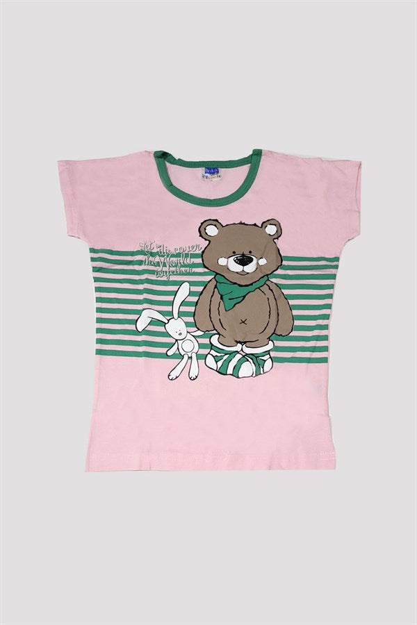 Girls Teddy Bear Patterned Bottom and Top Pajama Set