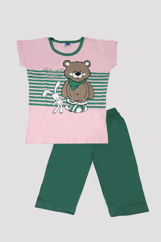 Girls Teddy Bear Patterned Bottom and Top Pajama Set