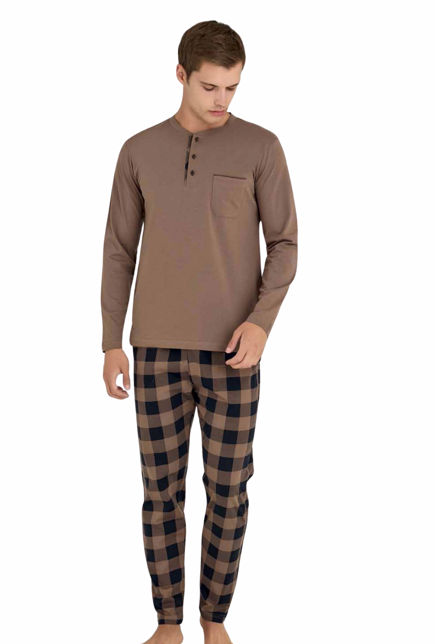 KLY Battal Erkek Kışlık Pijama Takımı Nescafe Rengi 9108 % 100 Pamuk