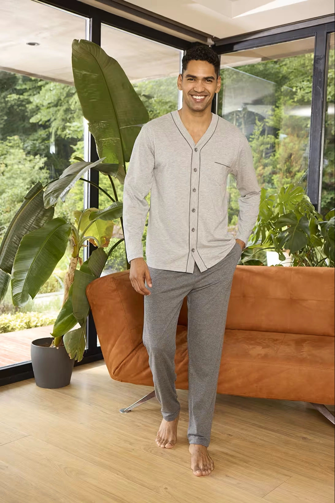 KLY V Yaka Boydan Düğmeli Battal Boy Erkek Pijama Takımı 9267 % 100 Pamuk