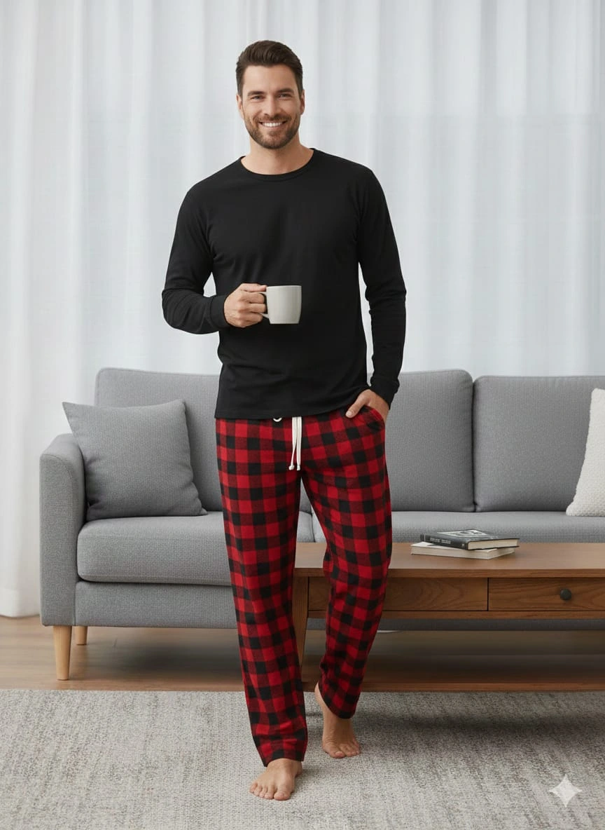 Pijalüx Tek Alt Ekose Kalın Poplin Kışlık Ev Pantalonu