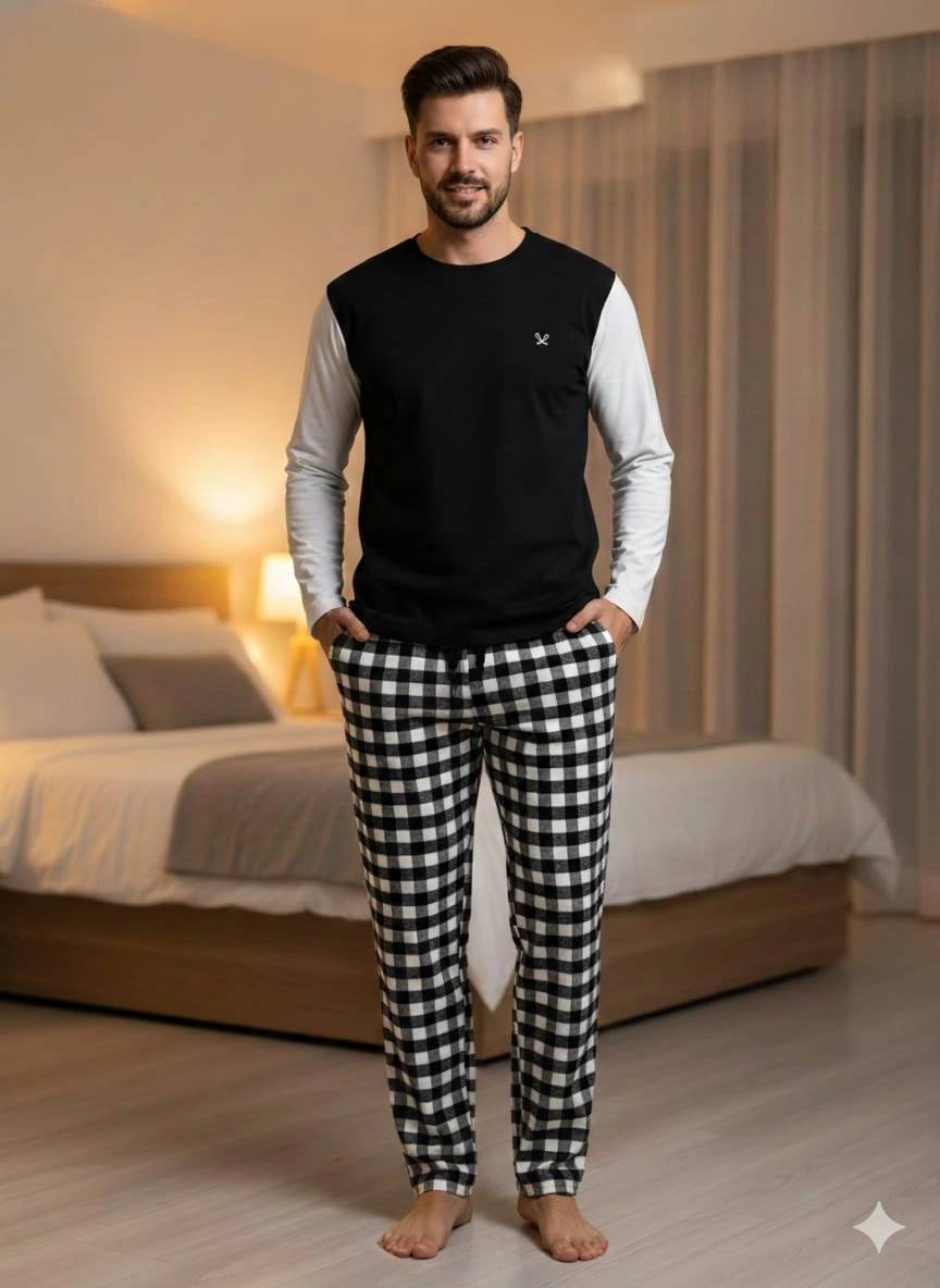Pantalon d'intérieur Pijalux en popeline épaisse à carreaux, ourlet simple