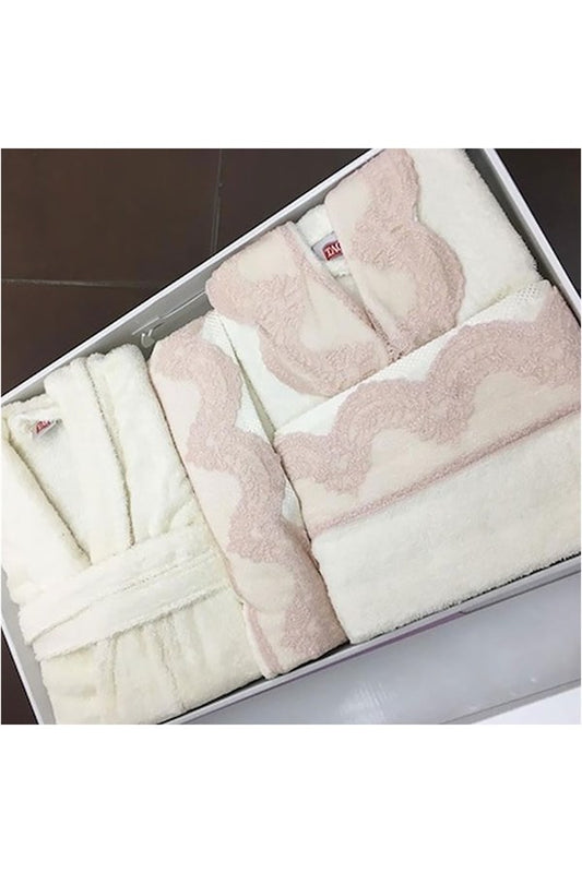 Taç Alcanlar Lace Patterned Family Size Bathrobe Set Lilac and Gray Color