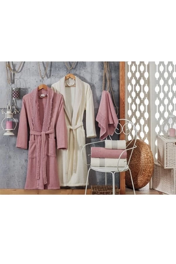 Taç Alcanlar Lace Patterned Family Size Bathrobe Set Lilac and Gray Color
