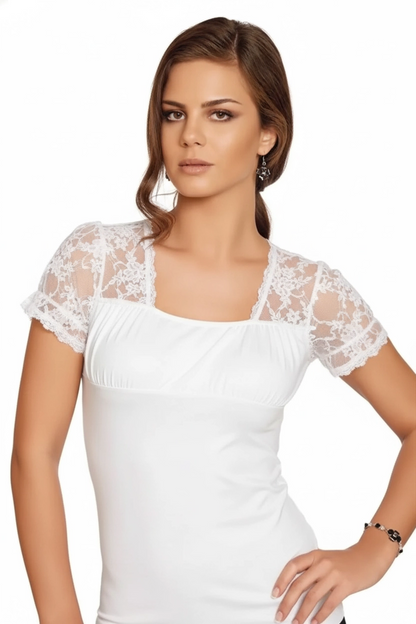 Clear Women's Short-Sleeved T-Shirt with Lace Shoulders 2184