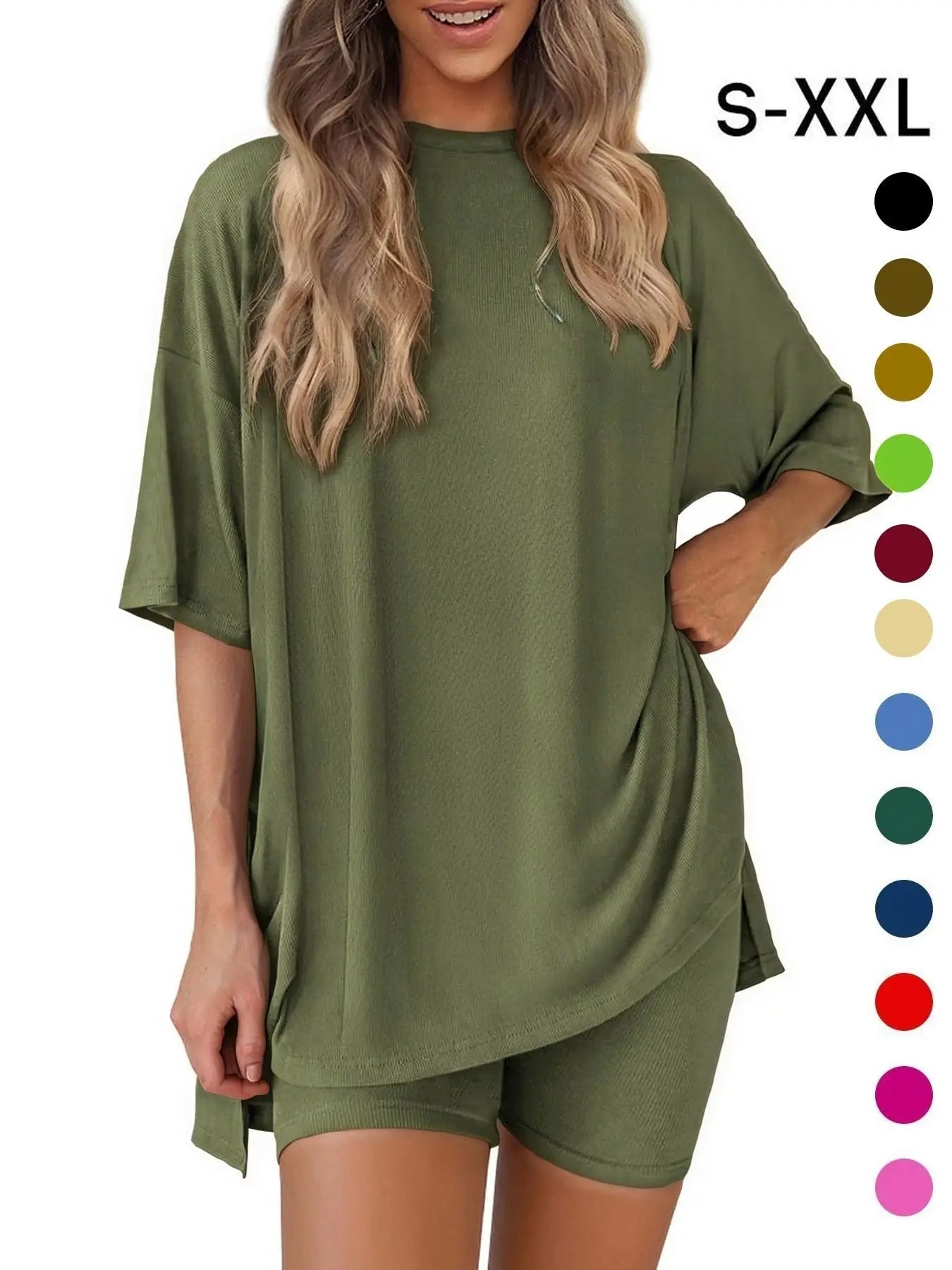 Women's Solid Color T-Shirt and Fitted Shorts Set, Summer Comfort Round Neck Pajamas Loungewear with Pocket Design, Ideal for Outdoor Activities