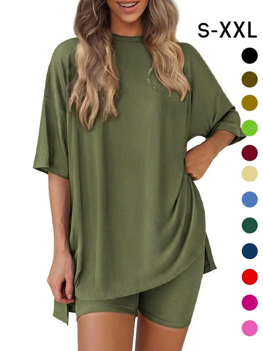 Women's Solid Color T-Shirt and Fitted Shorts Set, Summer Comfort Round Neck Pajamas Loungewear with Pocket Design, Ideal for Outdoor Activities