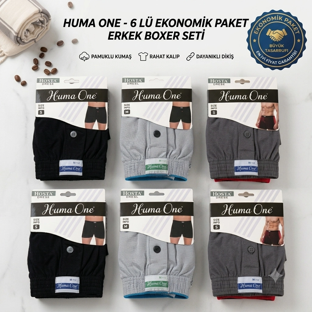 Huma One Erkek Havlu Bel Düz Boxer 6 lı