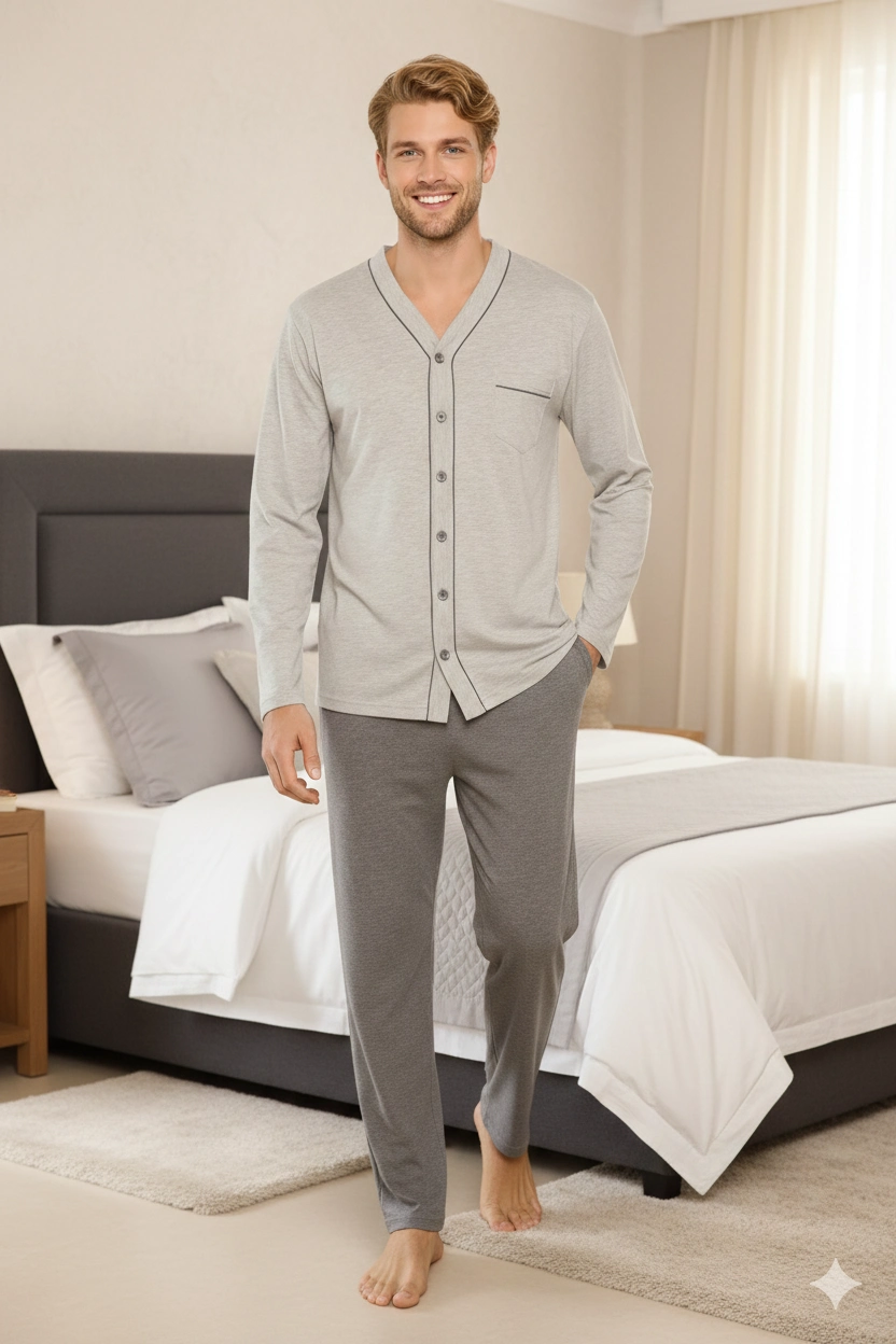 KLY V-Neck Button-Down Plus Size Men's Pajama Set 9267 100% Cotton
