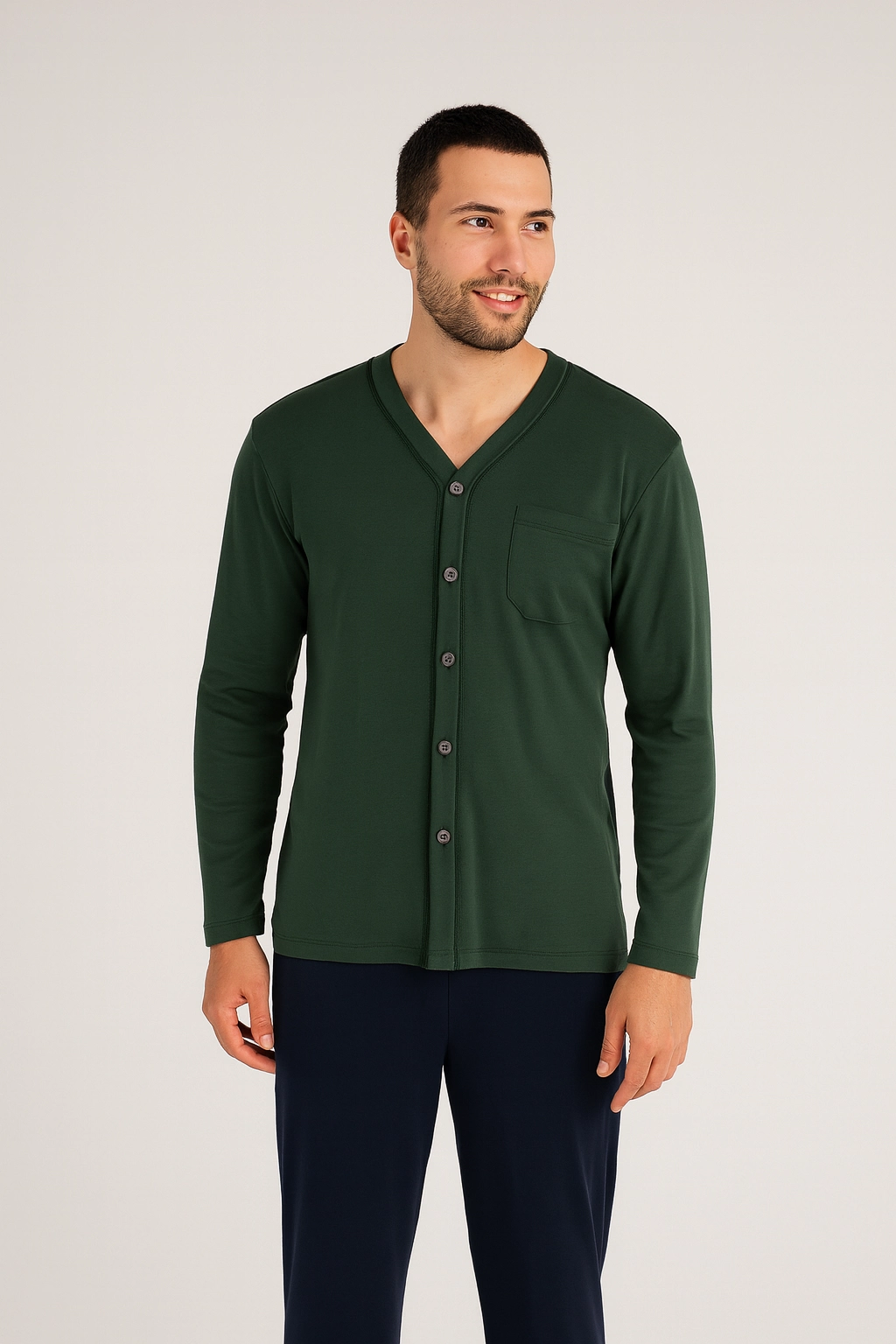 KLY V Yaka Boydan Düğmeli Battal Boy Erkek Pijama Takımı 9267 % 100 Pamuk