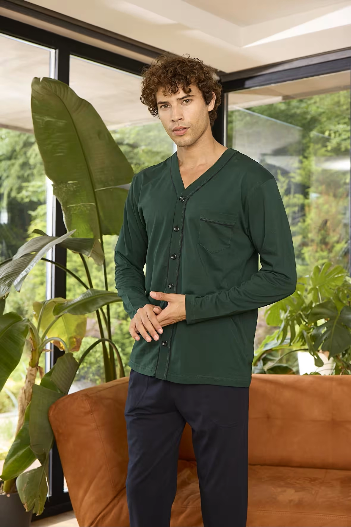 KLY V Yaka Boydan Düğmeli Battal Boy Erkek Pijama Takımı 9267 % 100 Pamuk