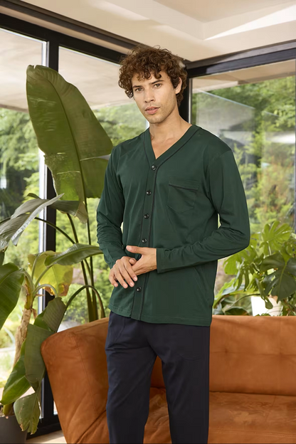 KLY V Yaka Boydan Düğmeli Battal Boy Erkek Pijama Takımı 9267 % 100 Pamuk