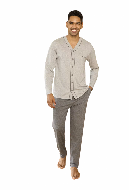 KLY V Yaka Boydan Düğmeli Battal Boy Erkek Pijama Takımı 9267 % 100 Pamuk
