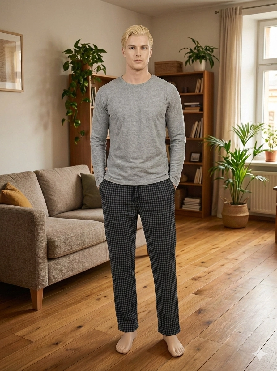 Pijalüx Tek Alt Örme Ekose Ev Pantolonu