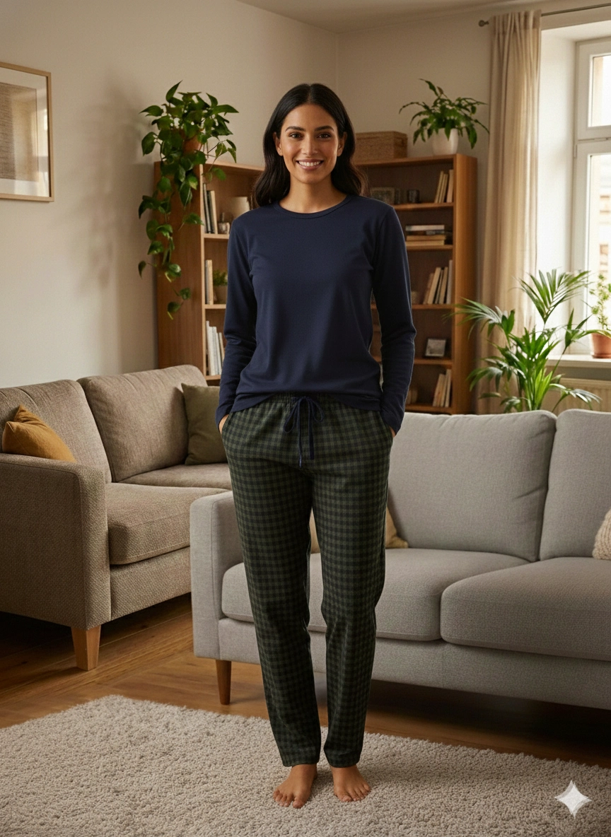 Pijalüx Tek Alt Örme Ekose Ev Pantolonu