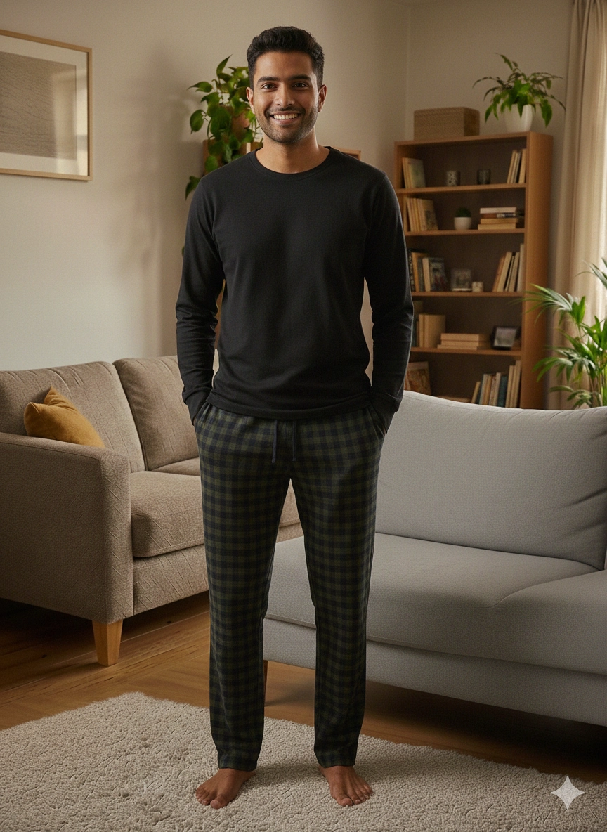 Pijalüx Tek Alt Örme Ekose Ev Pantolonu